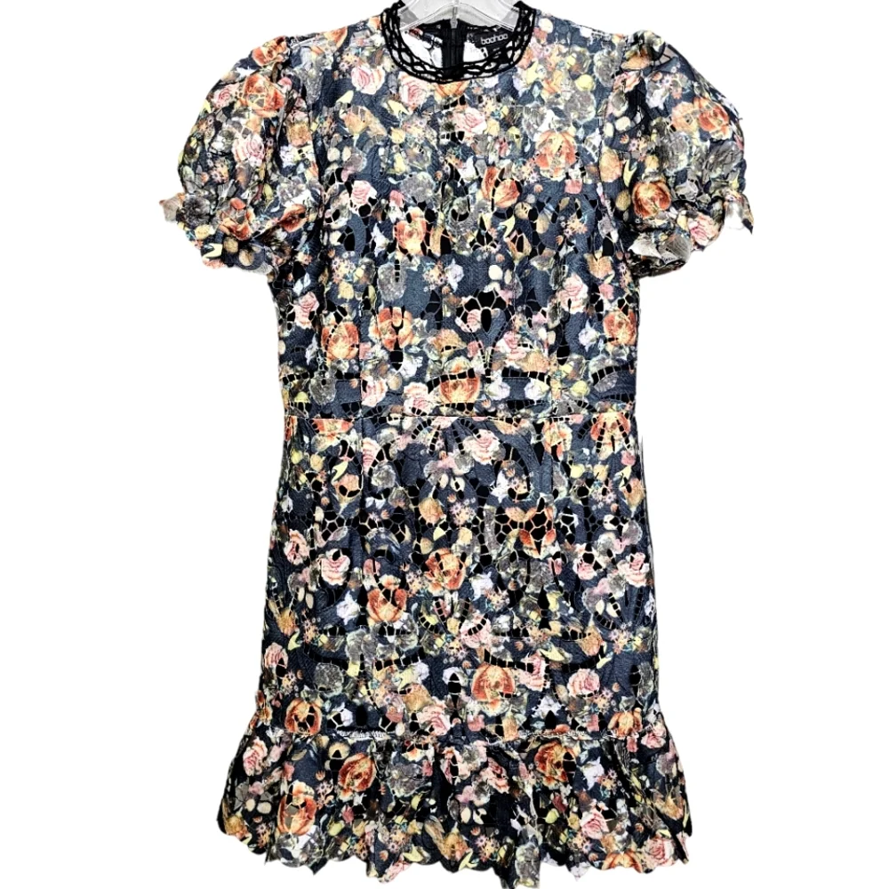 Nwot Boohoo Crochet  Cutout Floral Lace Puff Sleeve Dress - Picture 3 of 17